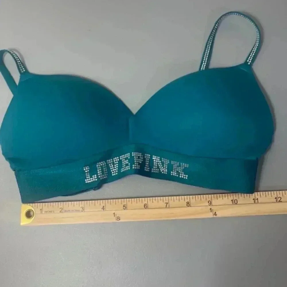 Victoria Secret Love Pink Bra Size 34C Bedazzled Turquoise Pink Padded Push Up - Picture 3 of 9